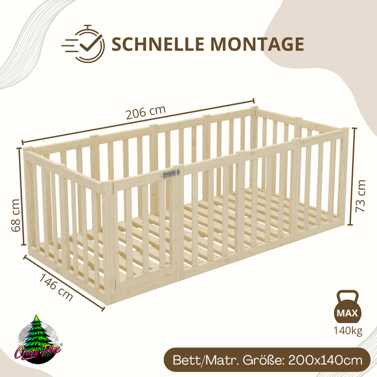Crazy Pine 'Crazy John' Kinderbett mit hohem Rausfallschutz 73 cm, Holz, Natur, 140x200 cm – Bild 2