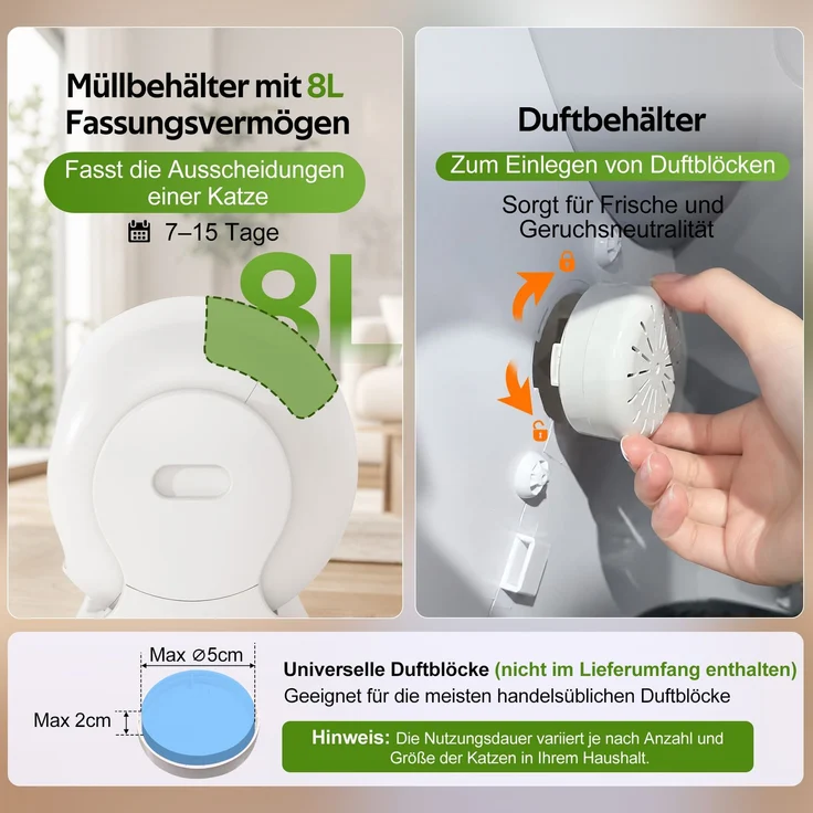 Intelligente automatische Katzentoilette mit App-Steuerung, 68L Großraum, 8L Abfallbehälter, Aromabox, Infrarot-Sicherheit, für 1–2 Katzen, selbstreinigend, leise, kindersicher--Weiß--53x45.5x56.5cm--YOUDENOVA – Bild 8