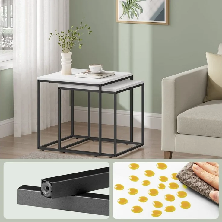 Home Collective Couchtisch 2er Set Beistelltisch Loft Design 2in1 Verschachtelung Wohnzimmer, kratzfeste Oberfläche 50&45cm weiß schwarzen Beinen quadratisch – Bild 3