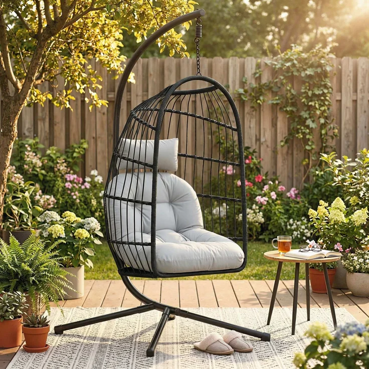 MELAYR, Hängesessel mit Gestell faltbar Polyrattan Hängekorb mit Kissen Sicherheitsgurt, 105 x 101 x 196 cm, Hellgrau – Bild 3