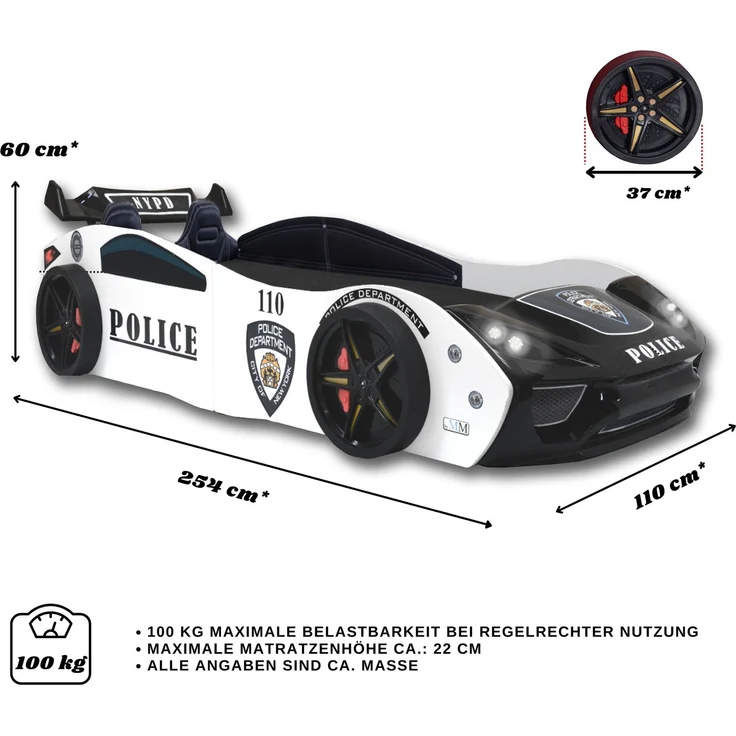 Autobett Kinderbett "Police" + Sportsitze 90x200 inkl. Lattenrost – Bild 4
