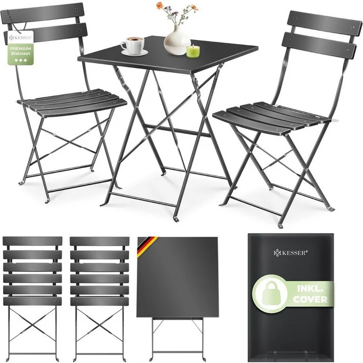KESSER® Bistroset 3-teilig mit Bistrotisch & 2 Klappbaren Stühlen | Gartenmöbel-Set Outdoor Sitzgruppe | UV & wetterbeständig Gartentisch | Balkonset bestehend aus Klapptisch & 2x Klappstühlen & Cover Schwarz – Bild 1