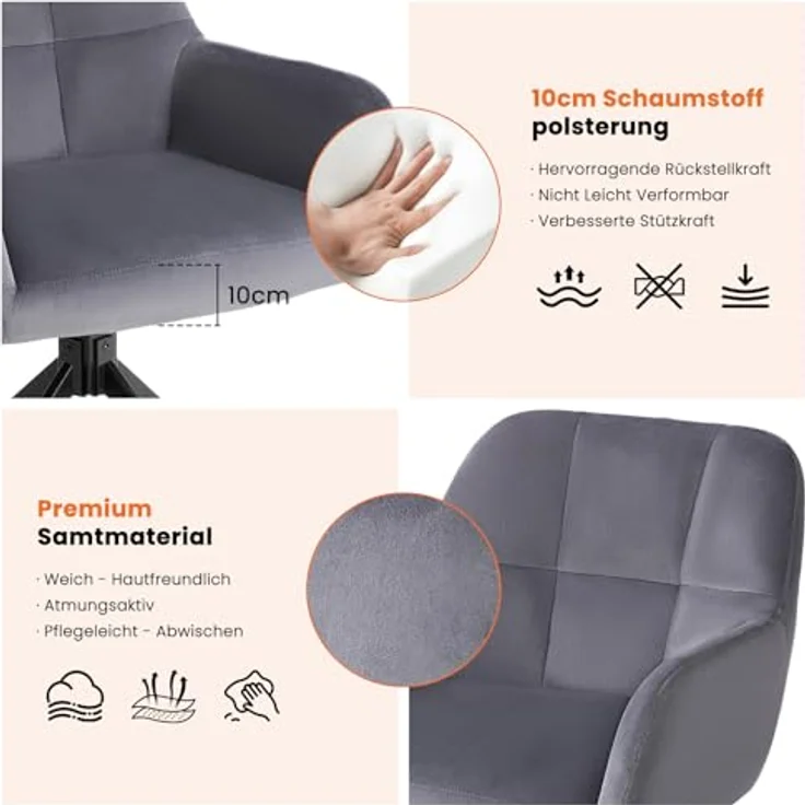 Sweetcrispy Esszimmerstuhl 2er Set, 360° Drehstuhl Esszimmer, Küchenstuhl, Samt Schminktisch Stuhl, bis 120 kg belastbar, Sessel mit Armlehnen Stahlbeine, Schreibtischstuhl für Arbeitszimmer, Grau – Bild 5
