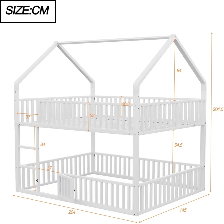 Kinder-Etagenbett 140*200, Metall-Doppelbett, Kinder-Familienbett, Etagenbett mit Treppe, Loft-Design, Unteres Bett mit kleiner Tür zum Öffnen und Schließen, Weiß – Bild 9