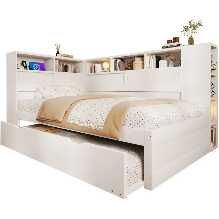 SOFTWEARY Massivholzbett mit Gästebett und Regal (90x200 cm), Einzelbett, Jugendbett mit Lattenrost, Kiefer – Bild 1