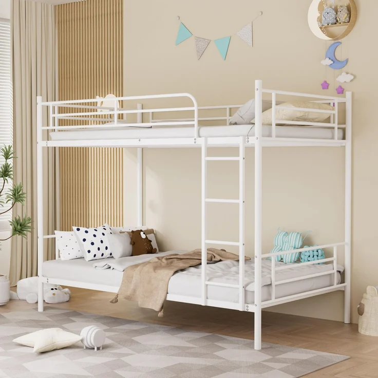 FAVSH Etagenbett 90x190 cm Metall, Hochbett Metalltreppe mit Metalltreppe und hohem Geländer, Platzsparendes Stockbett mit Lattenrost, Doppelstockbett für Kinder Jugendliche und Erwachsene (Weiß)