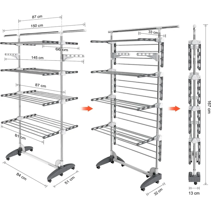 Todeco Wäscheständer Turm Klappbar, Wäscheturm 4 Ebenen aus Edelstahlrohre, Turmtrockner mit 6X Rollen, Ausziehbare obere Leiste, Flügel, Mobiler Turmwäscheständer für Wäscheraum Badezimmer, Grau – Bild 6
