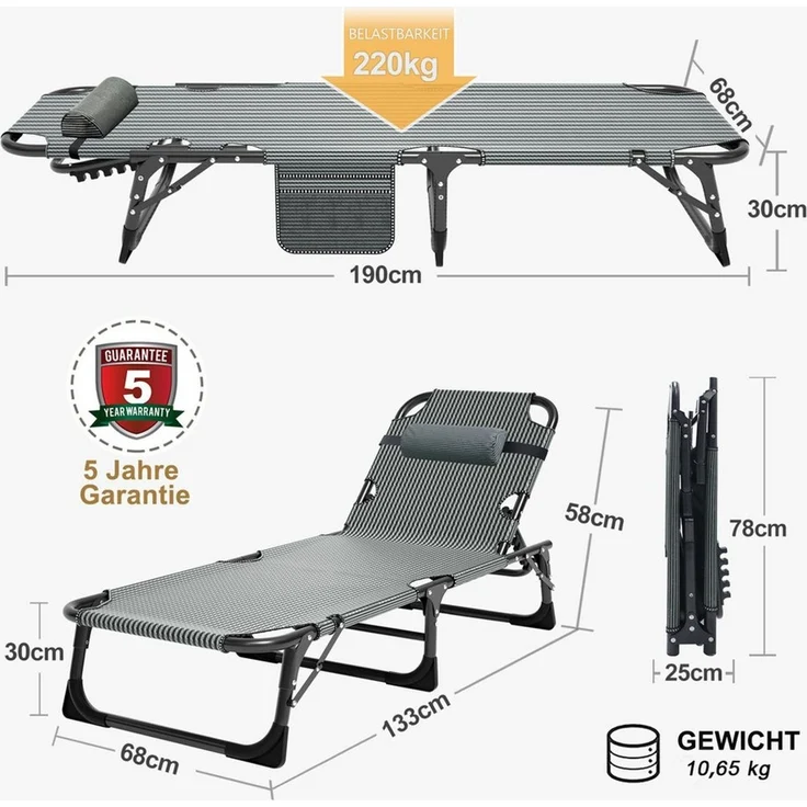 Meulbaty Klappbett Gästebett, Sonnenliege, Campingbett, 220KG lastlager Gartenliege (1-St) mit 2,3-3cm Matratze Seitentasche und Kopfstütze – Bild 4