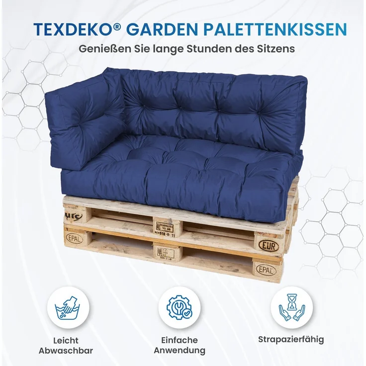 TexDeko® Garden Palettenkissen 120 x 80 x 18 cm wasserabweisend UV - beständig In- & Outdoor Premium Sitzkissen gesteppt Palettenauflage für Europaletten (5-TLG Set, Blau)