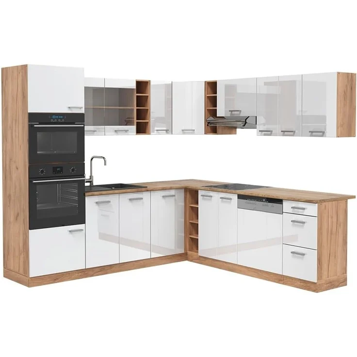 Eckküche R-Line Weiß Hochglanz/Goldkraft Eiche 247 x 237 cm ohne Arbeitsplatte Vicco – Bild 1