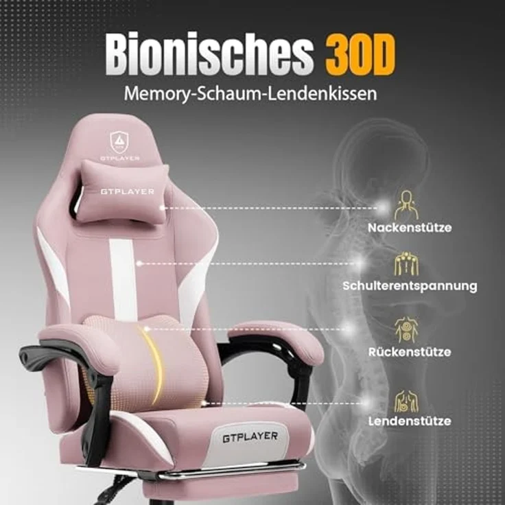 GTPLAYER Gaming-Stuhl Ergonomischer Gaming Sessel Schreibtischstuhl Gamer Stuhl aus Stoff, Federsitzkissen mit Fußstütze – Bild 4