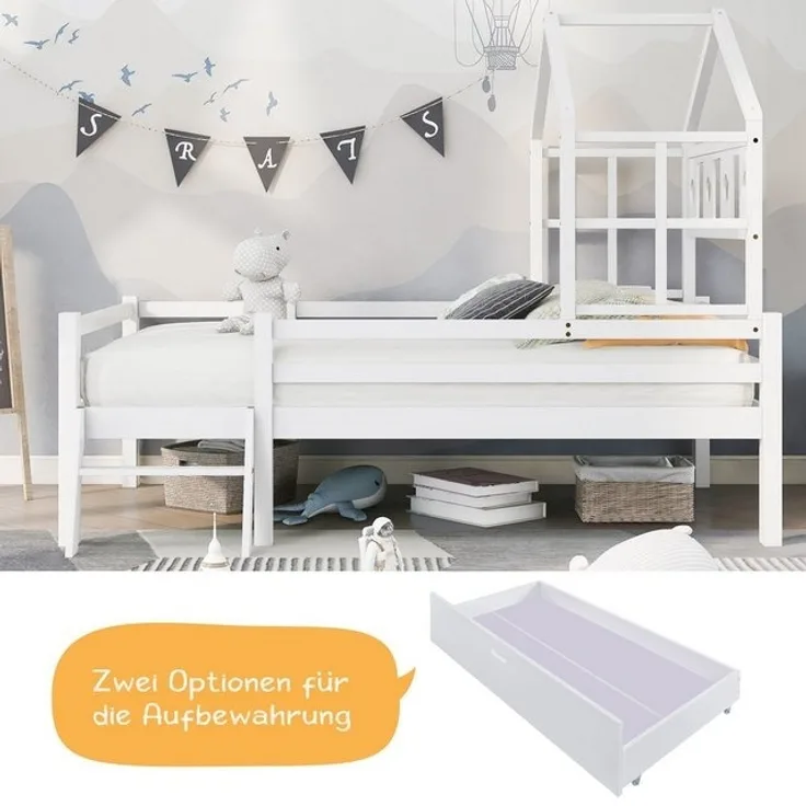 BlingBin Kinderbett Hausbett Hochbett mit Schubladen (1-tlg, mit Rausfallschutz und Leiter 90x200cm Weiß), inkl. Lattenrost, Kiefer-Massivholz