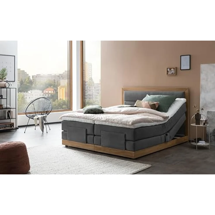 Belanoti Boxspringbett MODELA (Boxspringbett 180x200 elektrisch verstellbar Bett 180x200 mit Motor, 7-Zonen Taschenfederkern Matratze inklusive Visco Topper), in der Farbe Anthrazit H2/H3 Polsterbett Motorbett mit Eiche – Bild 10