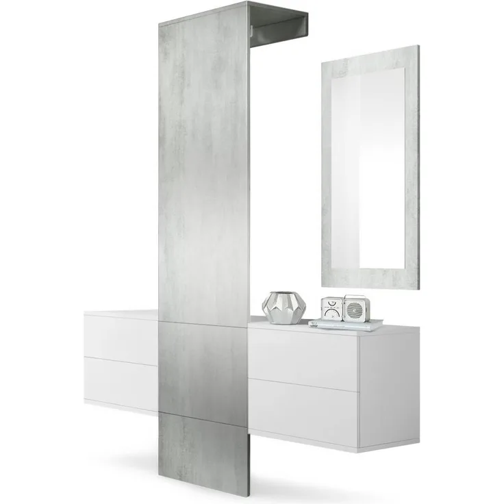 Garderobe Wandgarderobe Carlton Set 3, Korpus in Weiß matt / Paneel und Spiegel in Beton Oxid Optik