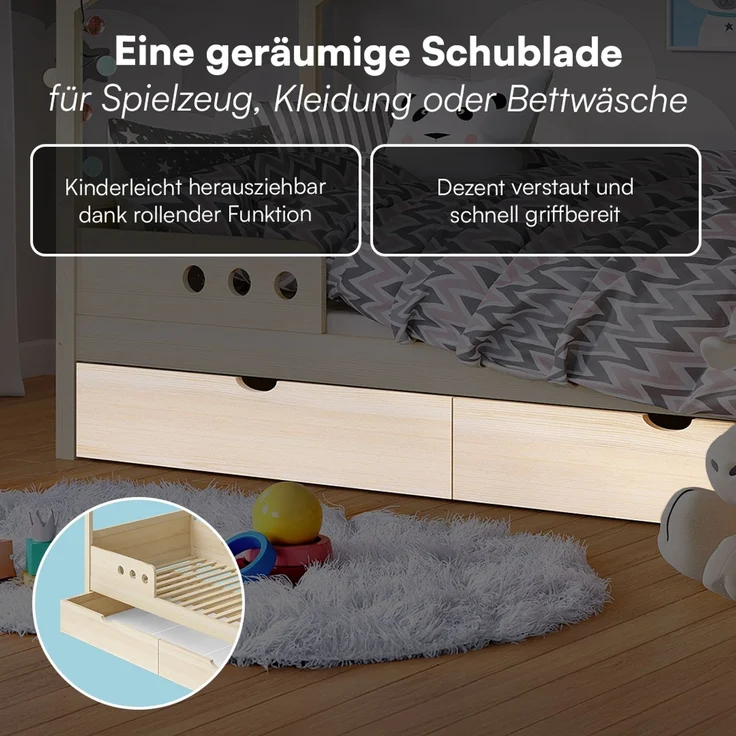 Bellabino 'Bela' Hausbett 90x200 cm mit großer Schublade, natur, Kiefer Massivholz, Montessori Kinderbett mit Stauraum, inkl. Rausfallschutz und Lattenrost – Bild 5