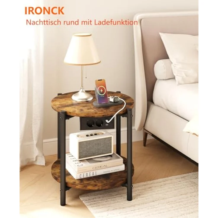 IRONCK Beistelltisch rund, Couchtisch mit Steckdose, Kleiner Tisch Holz, Wohnzimmertisch 2 Ablagen,Sofatisch,USB & Type-C-Anschluss, Metallrahmen, Nachttisch für Schlafzimmer (Vintagebraun, 2 Stücke) – Bild 3