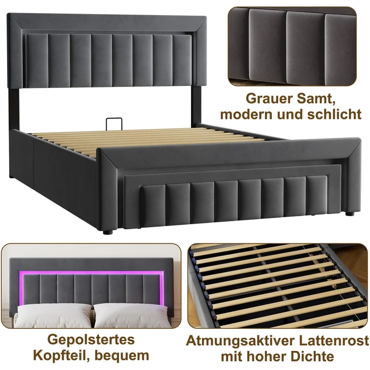 Polsterbett 140x200 cm, Anthrazit/Grau, Velours, LED, hydraulischer Stauraum & Schublade (ohne Matratze) – Bild 9