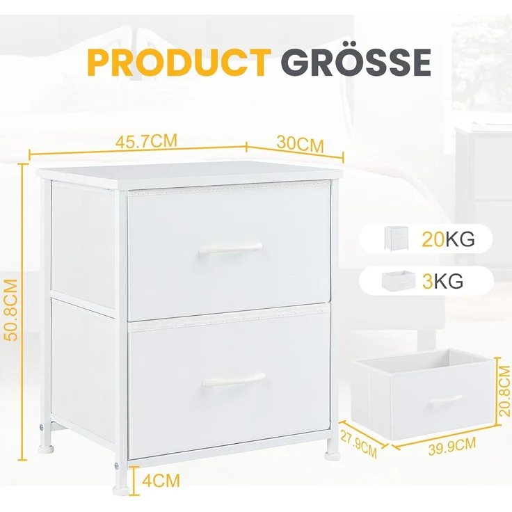 Sweetcrispy Nachttisch 2er Set, Nachttisch Beistelltisch, Stoff Schubladenschrank, Schmal Schrank, Kommode Schlafzimmer, Industrial Stil für Wohnzimmer, Kinderzimmer, Flur Aufbewahrungsschrank, weiß – Bild 3