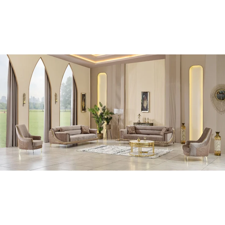 Sitzgruppe/Sofa Set - Wohnzimmergarnitur "Elva" 3+3+1+1-Hellbraun/Beige – Bild 1