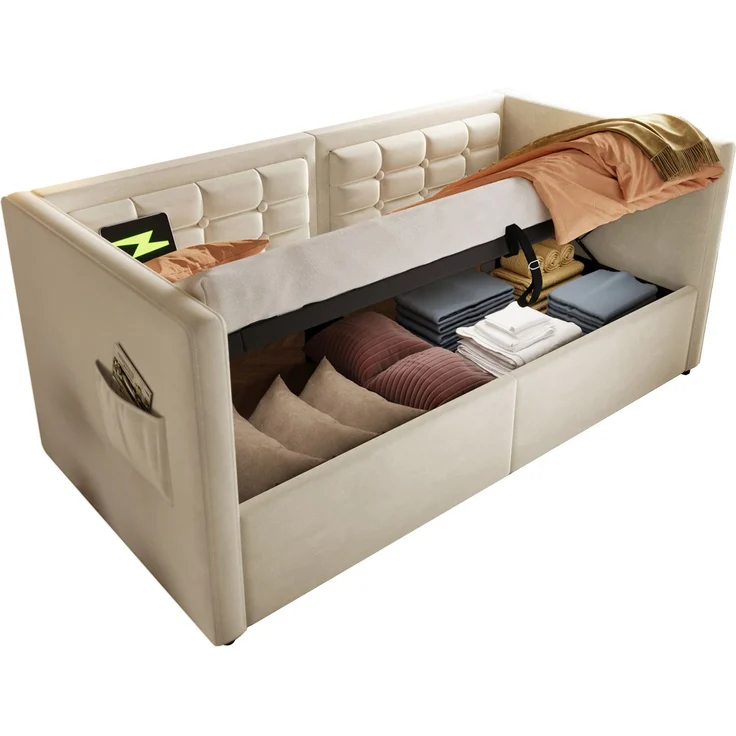 Merax Daybett Hydraulisches Polsterbett 90x200cm mit USB & Type C, Schlafsofa Tagesbett mit Ablagefächer, Einzelbett Jugendbett, Samt, Beige – Bild 10