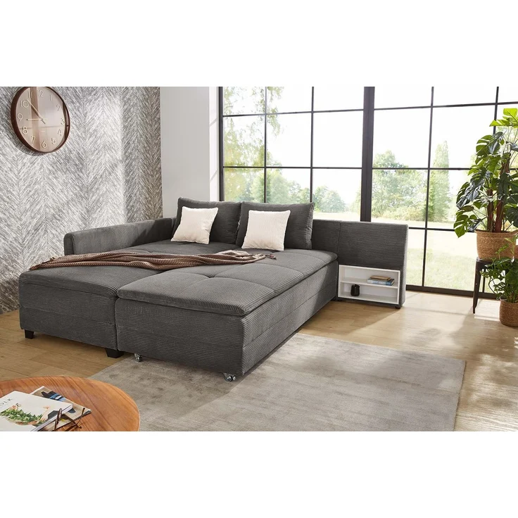 Ecksofa-Dauerschläfer Doppelbett Federkern Bettkasten Couch Cord Dunkelgrau – Bild 5