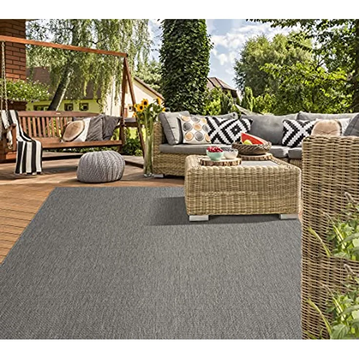Mia's Teppiche "Lara - moderner Outdoor Teppich, wetterfest & UV-beständig, für Balkon, Terrasse und Wintergarten, flachgewebt, Anthrazit, 80 x 200 cm