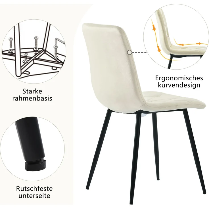 Esszimmerstuhl (4er Set) 45x40x86 cm beige Samt, Metallgestell, Fischgrätenmuster – Bild 4