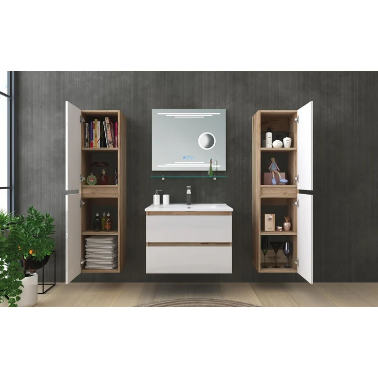 Homeline Badmöbel Set Eiche/Weiß Leonard Hochglanz 60 cm Spiegel incl LED (60, 4, 0X Seitenschränke) – Bild 4