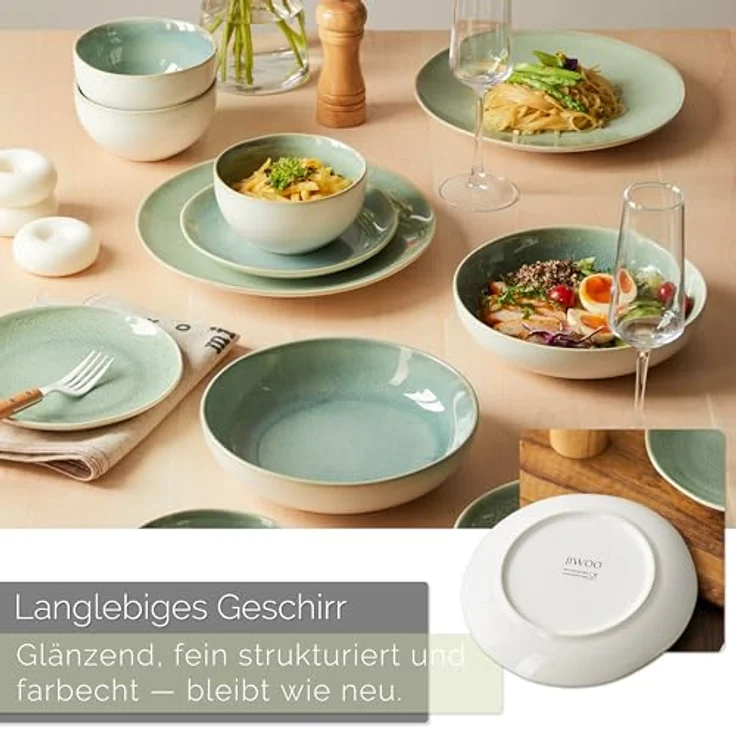 JIWOO Geschirr-Set 16er Kombiservice Teller-Set Tafelservice Schüssel-Set Speiseteller (16-tlg), 4 Personen, Keramik, Hochwertiges Geschirr set Grün Mikrowellen spülmaschinenfest – Bild 7