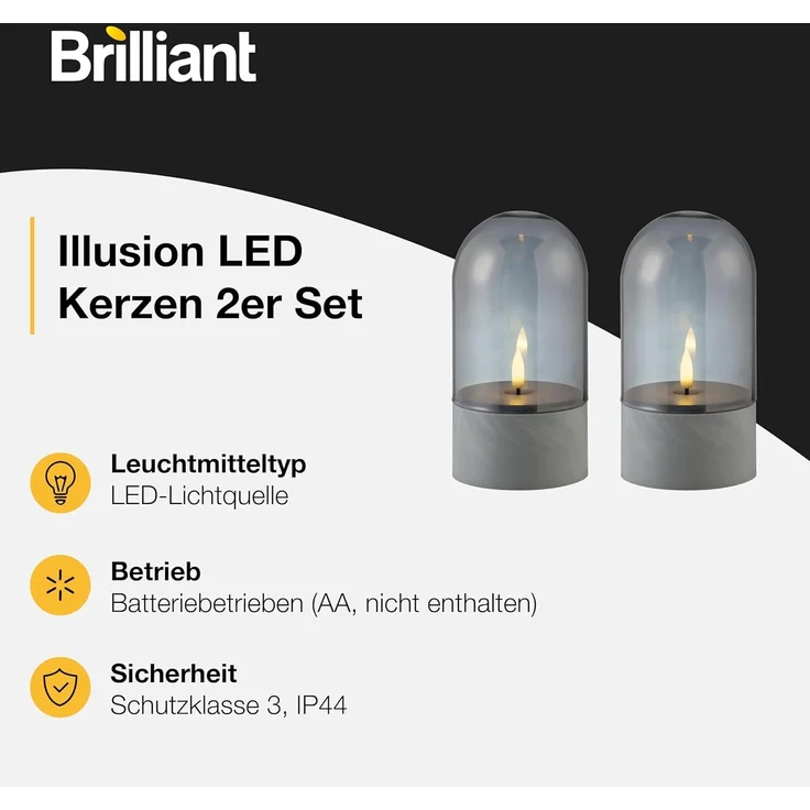 Brilliant LED Tischleuchte Illusion, LED fest integriert, LED-Kerzen Tischleuchten 2er-Set, 16x8 cm, Rauchglas, 2500 K, grau – Bild 3