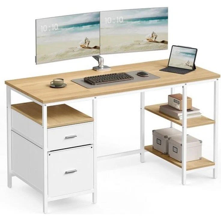 VASAGLE Computertisch, Bürotisch, Schreibtisch, mit 3 Ablagen, 2 Schubladen, 60 x 140 x 76 cm, fürs Büro, Wohnzimmer, moderner Stil, natureichenfarben-perlweiß – Bild 2