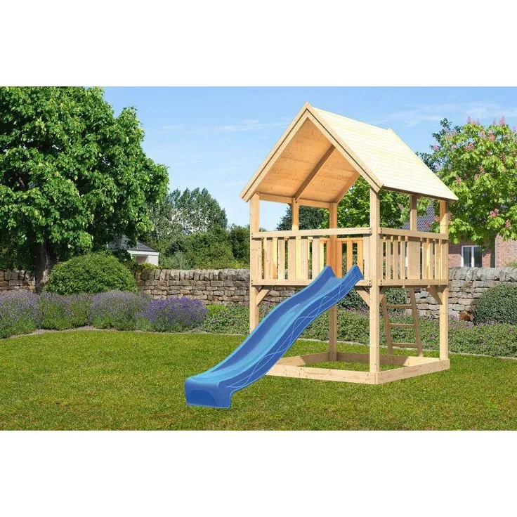 Karibu Kinderspielturm Luis Satteldach mit Rutsche Set mit Rutsche blau