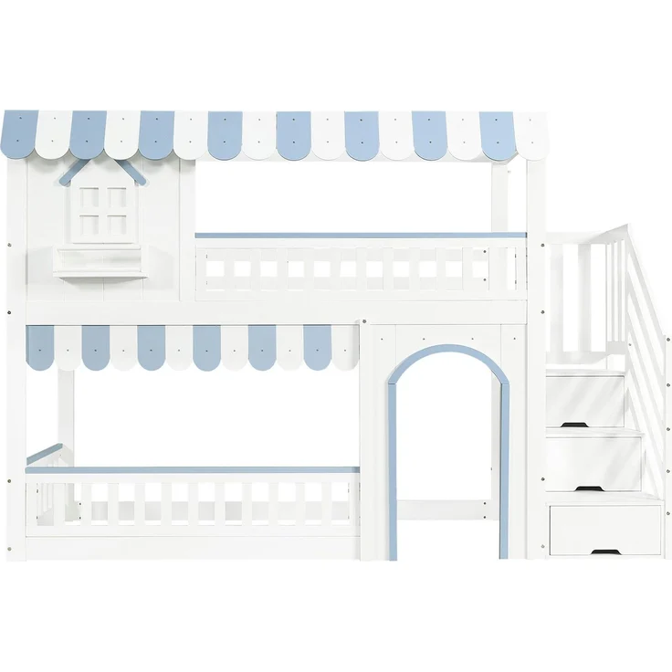 Etagenbett mit Regal, Schrank, Lattenrost, Tür und Treppe, 90x200cm, Kinderbett mit Rausfallschutz, Hochbett, Kiefer – Bild 6