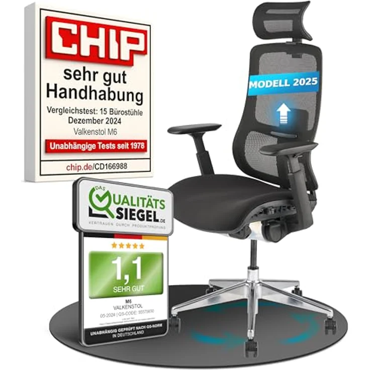 VALKENSTOL M6 Bürostuhl Ergonomisch Testsieger, auch bis 1,95m, Schreibtischstuhl mit Polster-Sitz, Office Chair mit adaptiver Lordosenstütze, Verstellbare Rückenlehne für Gesundes Sitzen, Chefsessel – Bild 2