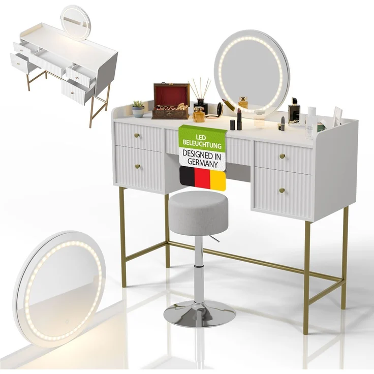 Juskys Schminktisch Samira & Hocker Tonia mit Touch-LED-Spiegel, 5 Schubladen, viel Stauraum & elegantes Design für Schlafzimmer & Make-up – Weiß/Gold – Bild 1