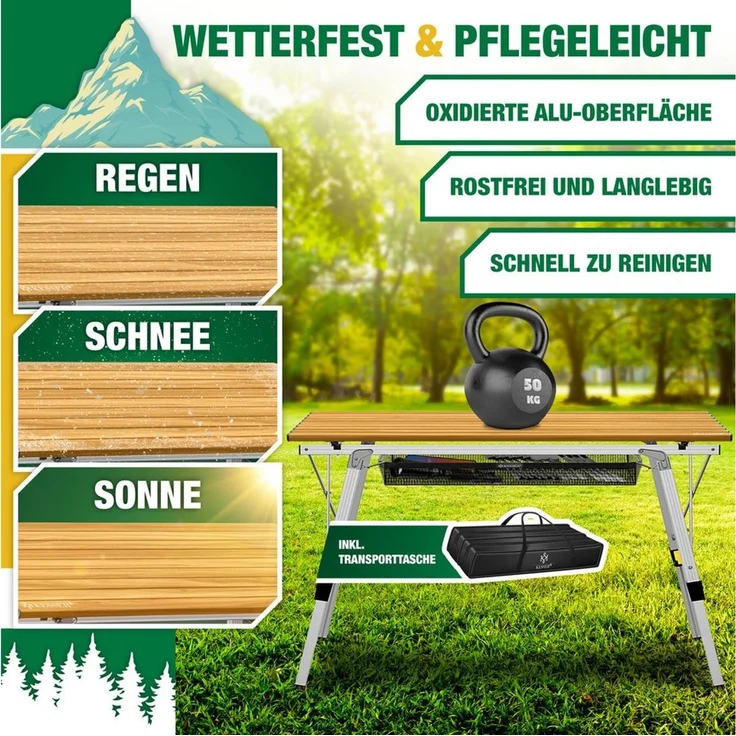 KESSER® Campingtisch faltbar Klapptisch mit Aluminiumrahmen Aufrollbare Tischplatte Falttisch klappbar inkl. Tragetasche mit Trageband & Netztasche, Holz-Optik Braun / Silber, 90 cm – Bild 3