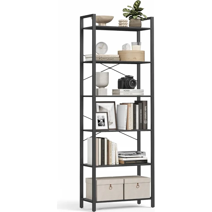 Vasagle Bücherregal 6 Ebenen, Standregal mit Stahlrahmen, freistehendes Regal, Wohnzimmer, ebenholzschwarz-tintenschwarz, 186 x 30 x 66 cm