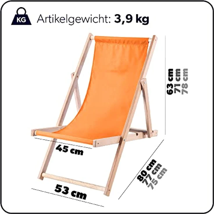 Kadax Holzliegestuhl, Orange, Klappstuhl aus Buchenholz, 53x78 cm, UV- und feuchtigkeitsresistent, bis 120 kg Tragfähigkeit – Bild 2