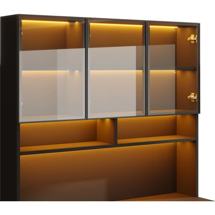 Flieks LED Vitrine 120 x 38 x 200 cm, Küchenbuffet, grauen Glastüren, offenen Fächern, 2 Türen und 3 Schubladen, Schwarz-Weiß – Bild 9