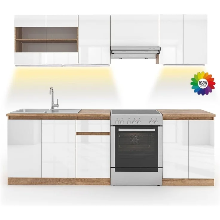 Küchenzeile R-Line Weiß Hochglanz/Weiß 240 cm, AP Sonoma mit LED-Leisten Vicco – Bild 1