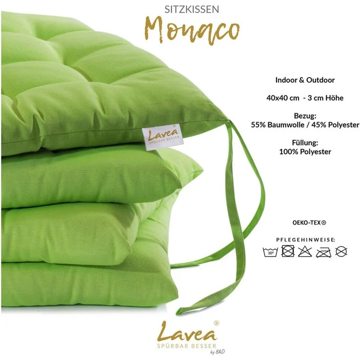 Lavea Stuhlkissen MONACO - weich gepolsterten Sitzkissen Set (4er & 8er), 40x40x3 cm, mit Stoffbändern, Indoor & Outdoor, für Garten & Balkon – Bild 3
