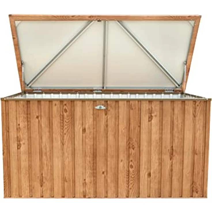 Duramax DH 1.9 (1450 L) Kissenbox aus Metall mit hydraulischer Gasdruckfeder und Vorhängeschlossöse, Terrassenbox und Gartenmöbelaufbewahrung für den Außenbereich, Holzmaserung – Bild 13