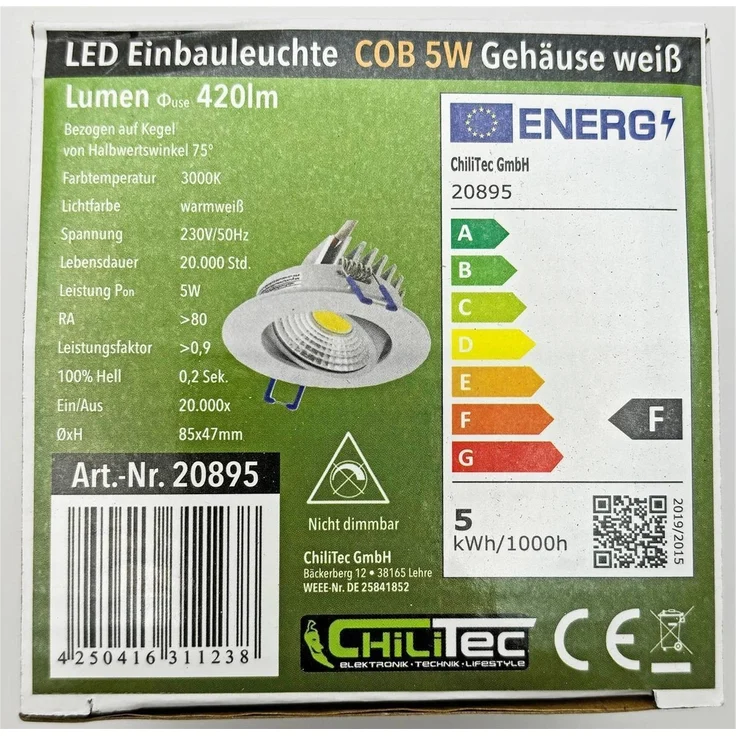 LED-Einbauleuchte "COB-5", 5W, 420lm ALU, 3000K, 95°, Ø85xT47mm, Rahmen weiß – Bild 7