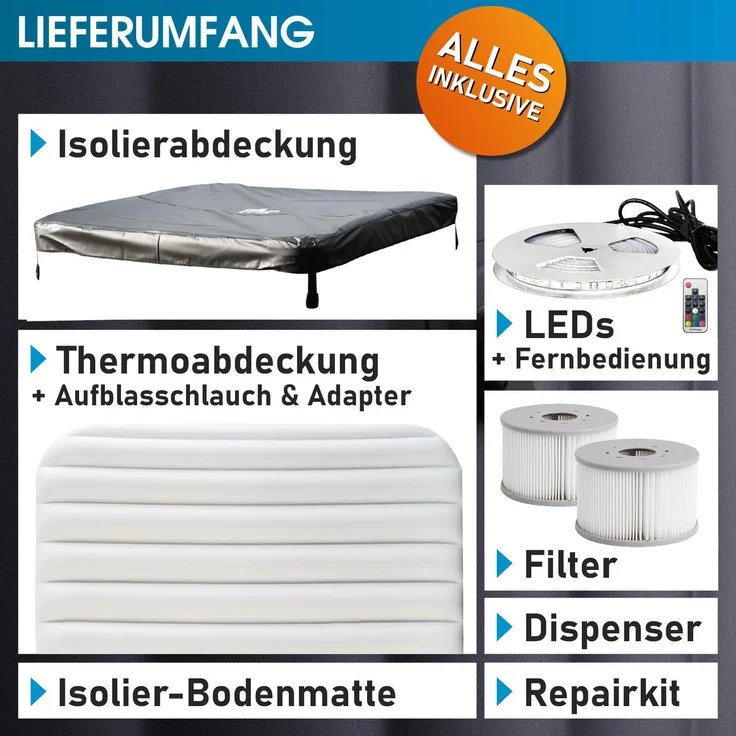 BRAST Whirlpool 'MSpa Oslo', 160 x 160 x 65 cm, mit fester Außenwand, LED-Beleuchtung (20 Farben), für 6 Personen, 120 Massagedüsen, ganzjähriger Einsatz, winterfest, für Indoor & Outdoor – Bild 10
