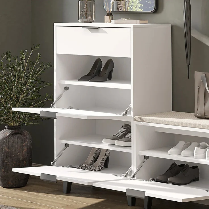 Roomart NORD Schuhschrank mit 2 Schuhklappen & Schublade – Schuhkipper für Flur, Diele & Eingangsbereich – H 112 x B 73.6 x T 35 cm • Weiß – Bild 3