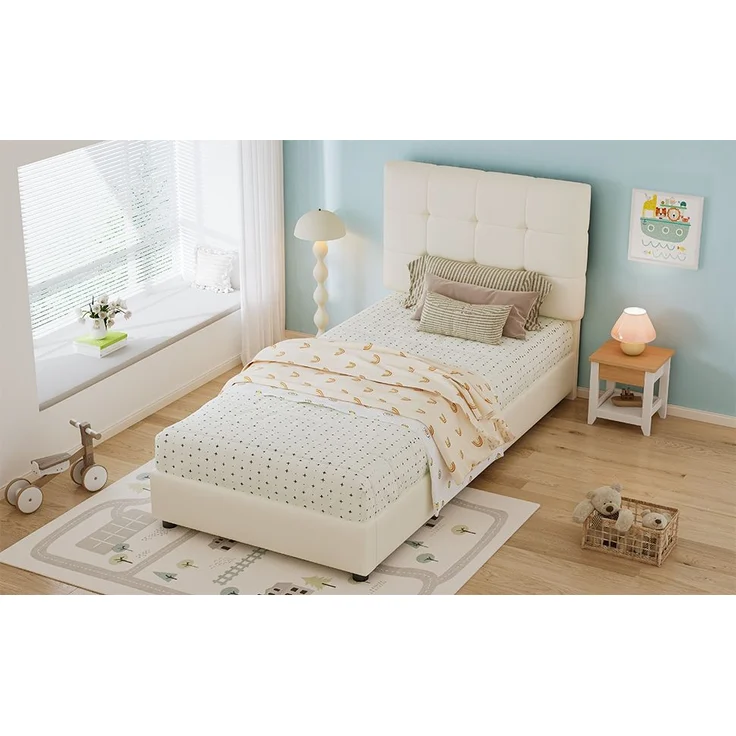 Polsterbett Einzelbett Kinderbett, weiche Kopfteil-Rückenlehne Antikollisions-Schwammkante keksförmiges Kopfteil, PU Eisen Schwamm Sperrholz, Beige, 90 x 200 cm – Bild 5