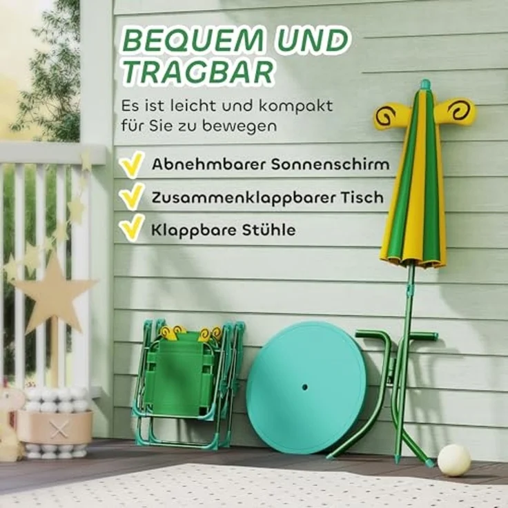 AIYAPLAY Garten-Kindersitzgruppe mit höhenverstellbarem Sonnenschirm, (Gartentisch, 2 Klappstühle, 4-tlg, Garten Kindersitzgarnitur), Bienen-Muster für 2-5 Jahre Kinder, Grün – Bild 5