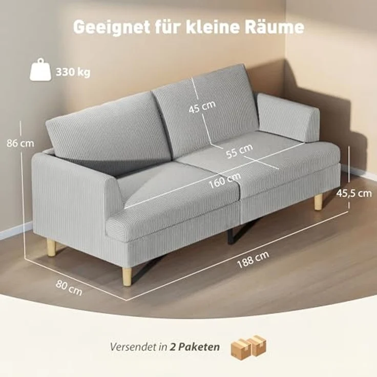 HOMCOM Sofa 3-Sitzer-Sofa, 1 Teile, Mit Federkern, Cordstoff, abnehmbare Bezüge – Bild 3