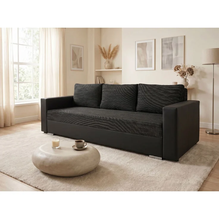 Schlafsofa Bird - Sofa mit Schlaffunktion und Bettkasten, Klappsofa, Schlafcouch mit Chromfüße, Couch, Couchgarnitur, Sofagarnitur (Schwarz + Schwarz (Dolaro 08 + Berlin 02)) – Bild 1