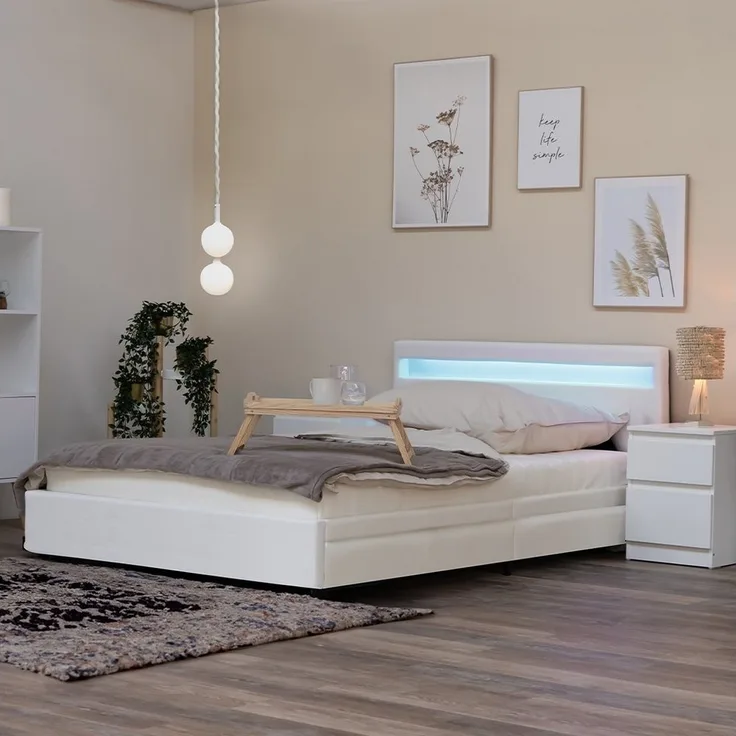 HOME DELUXE Bett NUBE mit Schubladen - 140 x 200 (inkl. Lattenrost & Matratze), Polsterbett, Doppelbett, Bettgestell mit Stauraum, LED Bett